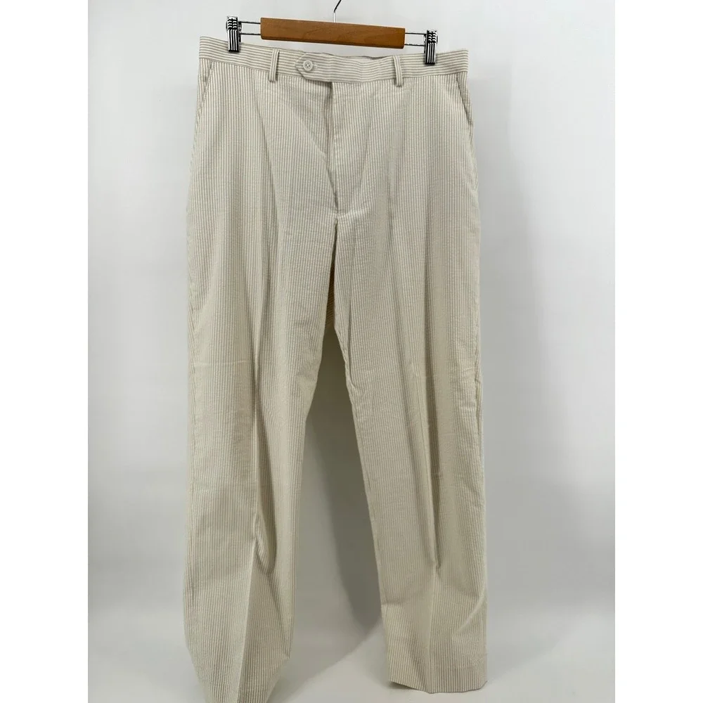 Jos. A. Bank Stays Cool Mens Suit 41L 35W Tan Seersucker Cotton Tailored Fit